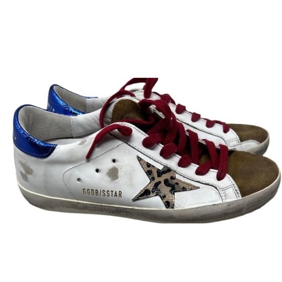 Golden Goose Shoes - Golden Goose Superstar New White Blue Brown Leopard Suede Leather Sneakers